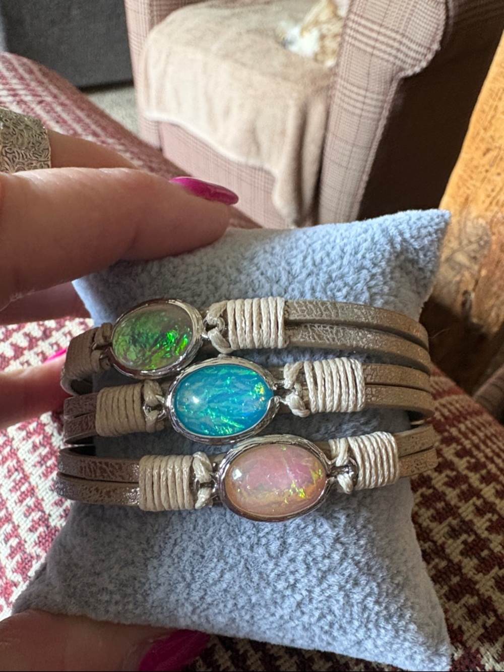 Triple Opal Leather Wrap Bracelet in Pink, Blue & Green
